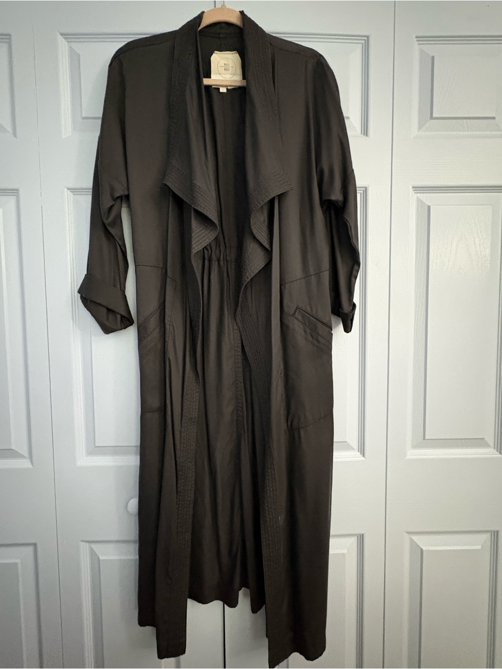 Anthropologie HeiHei Long Dark Gray Trench Coat w Tie & Waterfall Drape S